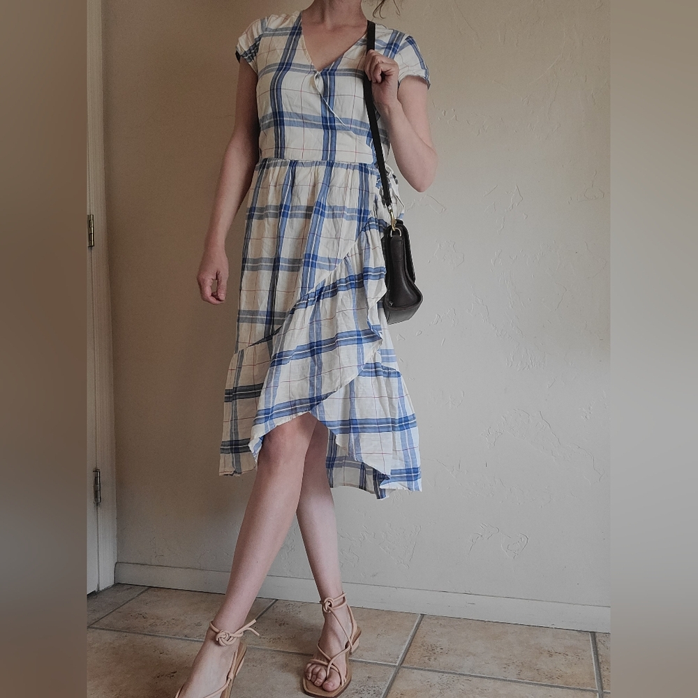 Old Navy Blue White Plaid Faux Wrap Side Tie Ruffle Trim Dress Womens Sz XS